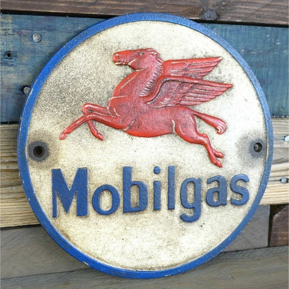 Mobilgas Pegasus Flying Horse Cast Iron Plaque With Painted Antique Finish (9.25" Round) - Jones Peak