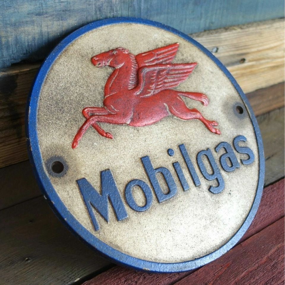 Mobilgas Pegasus Flying Horse Cast Iron Plaque With Painted Antique Finish (9.25" Round) - Jones Peak