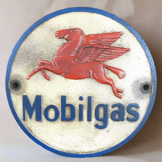 Mobilgas Pegasus Flying Horse Cast Iron Plaque With Painted Antique Finish (9.25" Round) - Jones Peak