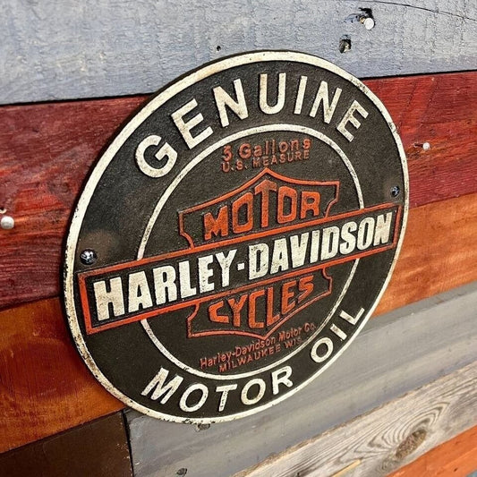 Motorcycle Genuine Motor Oil Cast Iron Plaque With Raised Lettering (9.5" Round) - Jones Peak