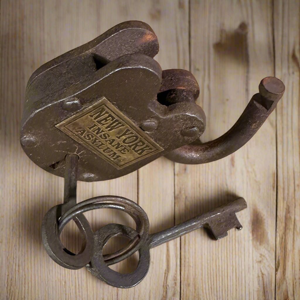 New York Insane Asylum Cast Iron Gate Lock With Brass Tag & Keys (2.5" x 1.5") - Jones Peak