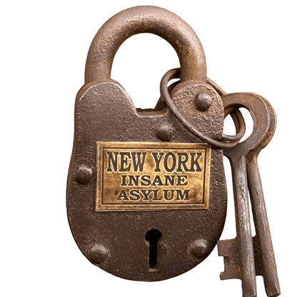 New York Insane Asylum Cast Iron Gate Lock With Brass Tag & Keys (2.5" x 1.5") - Jones Peak