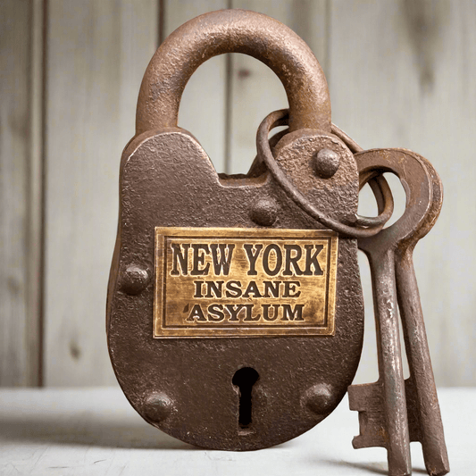 New York Insane Asylum Cast Iron Gate Lock With Brass Tag & Keys (2.5" x 1.5") - Jones Peak