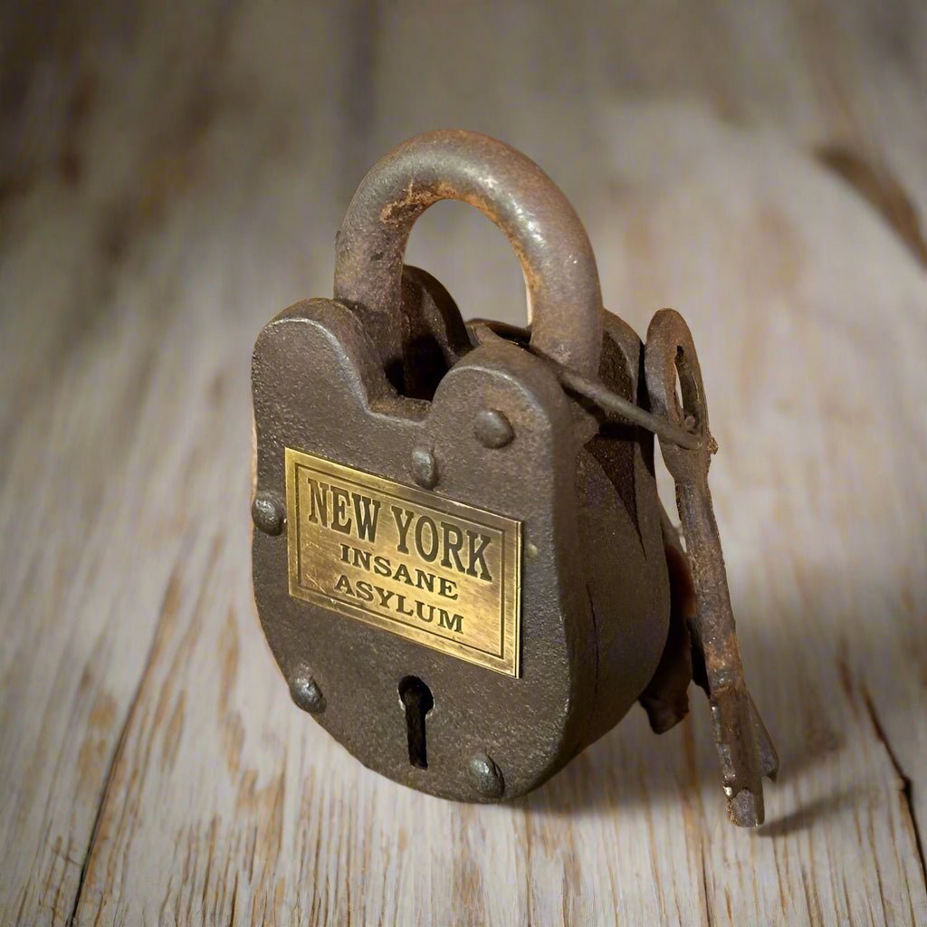 New York Insane Asylum Cast Iron Gate Lock With Brass Tag & Keys (2.5" x 1.5") - Jones Peak