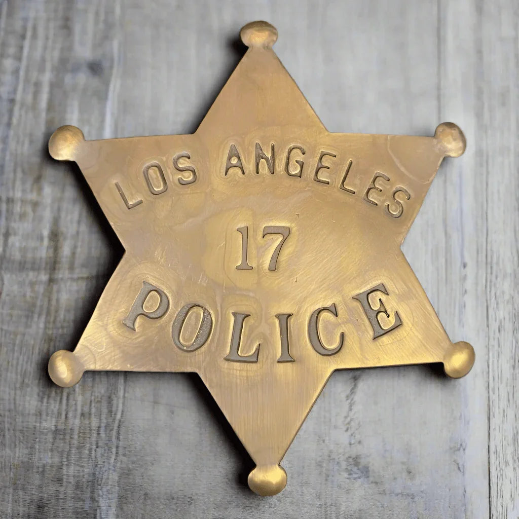 LAPD Police Star Solid Brass Badge With Antique Finish & Soldered Pin Back (3" x 2.25") - Jones Peak