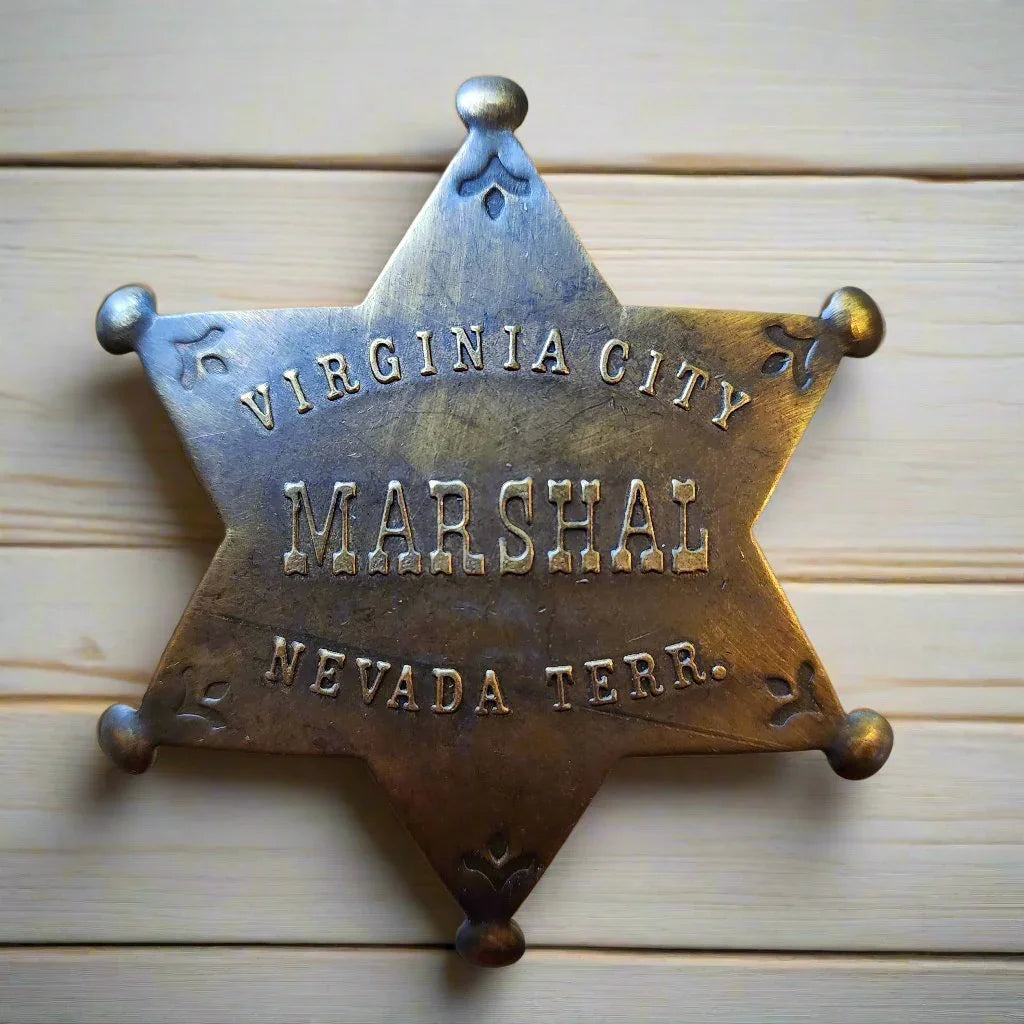 Marshal Virginia City Nevada Terr. Solid Brass Star Badge With Antique Finish & Soldered Pin (3" x 2.25") - Jones Peak