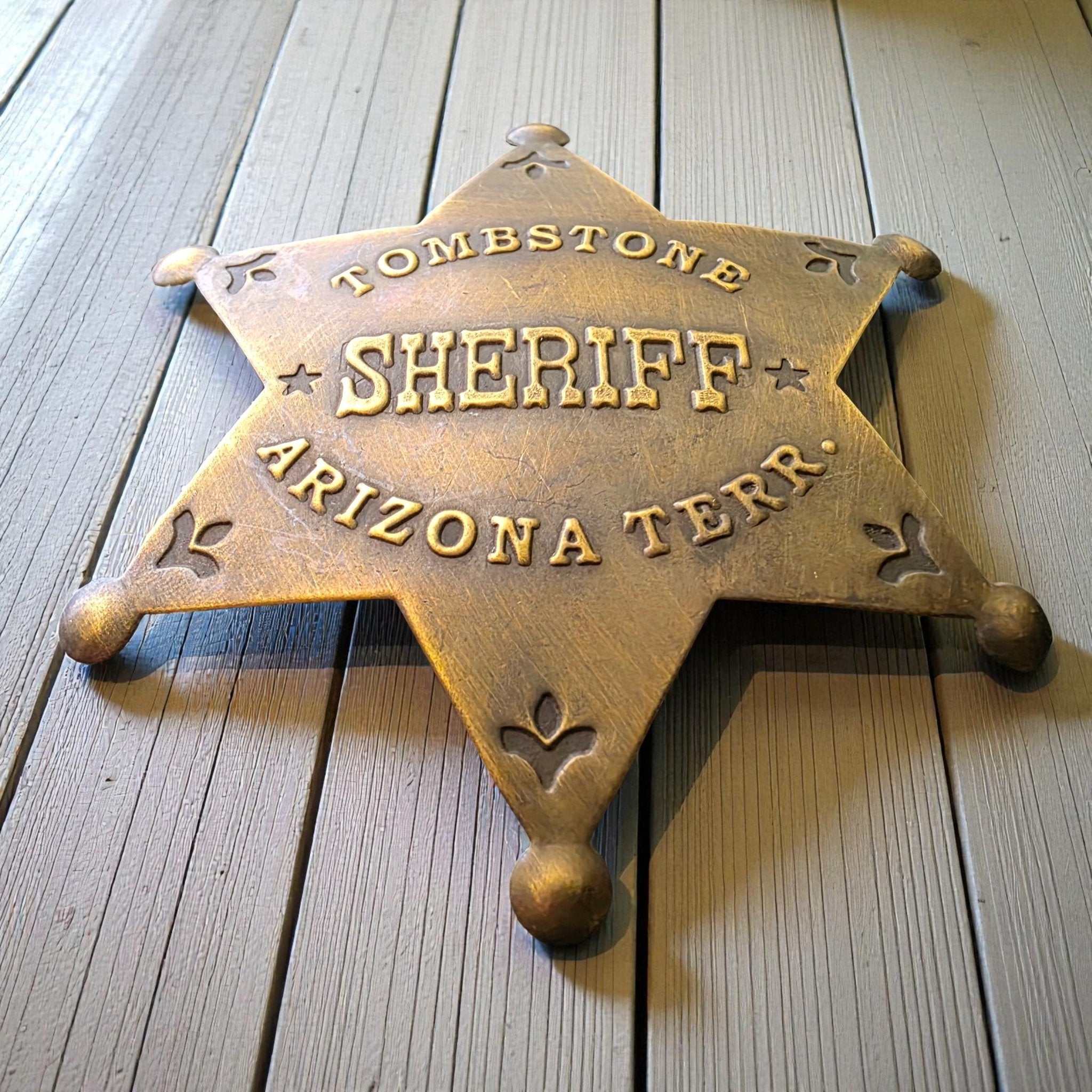 Sheriff Tombstone Arizona Terr. Solid Brass Star Badge With Antique Finish & Soldered Pin (3" x 2.25") - Jones Peak