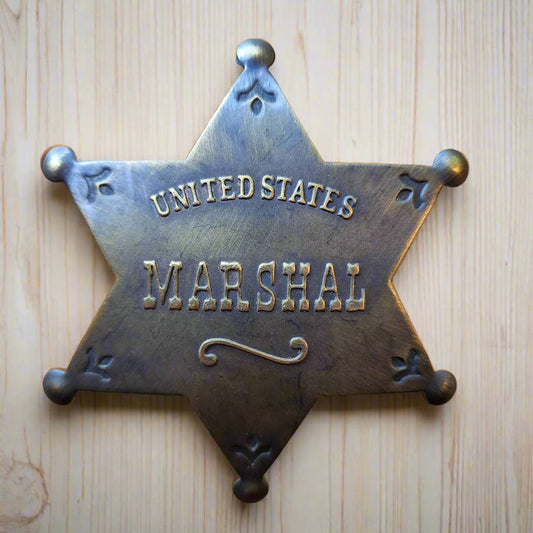 US Marshal Solid Brass Star Badge With Antique Finish & Soldered Pin (3" x 2.25") - Jones Peak