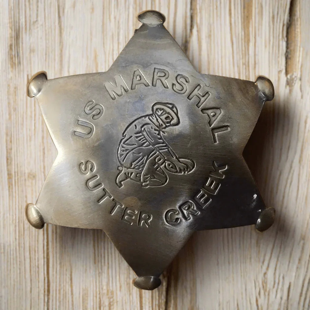US Marshal Sutter Creek Solid Brass Badge With Antique Finish & Soldered Pin (3" x 2.25") - Jones Peak