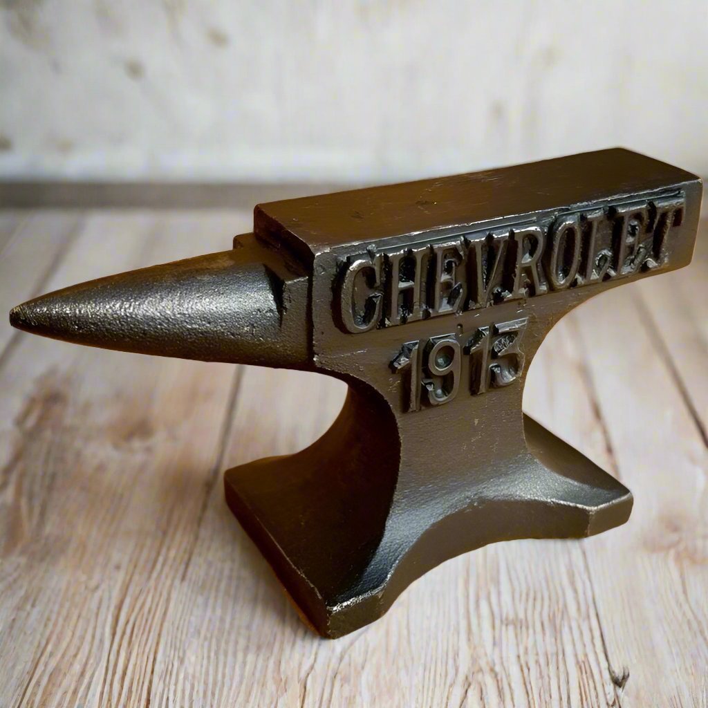 Chevrolet 1913 Cast Iron Anvil Paperweight With Raised Lettering And Antique Finish (4.5" x 2.75") - Jones Peak