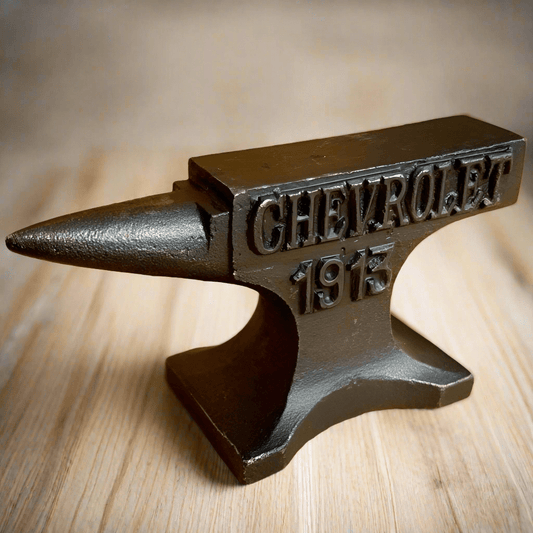 Chevrolet 1913 Cast Iron Anvil Paperweight With Raised Lettering And Antique Finish (4.5" x 2.75") - Jones Peak