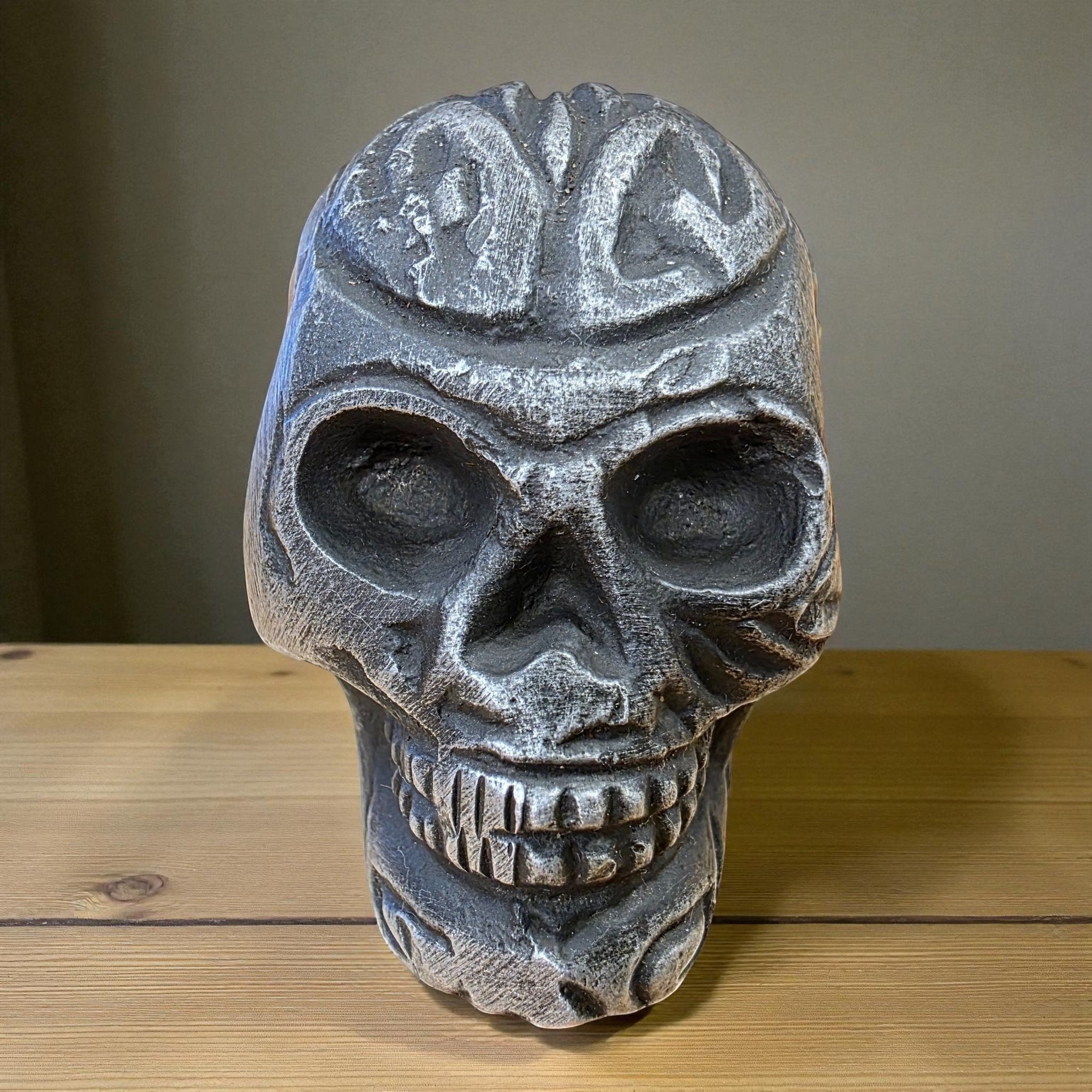 Skull Paperweight Aluminum With Raised Detail & Antique Finish (2" x 1.75") - Jones Peak