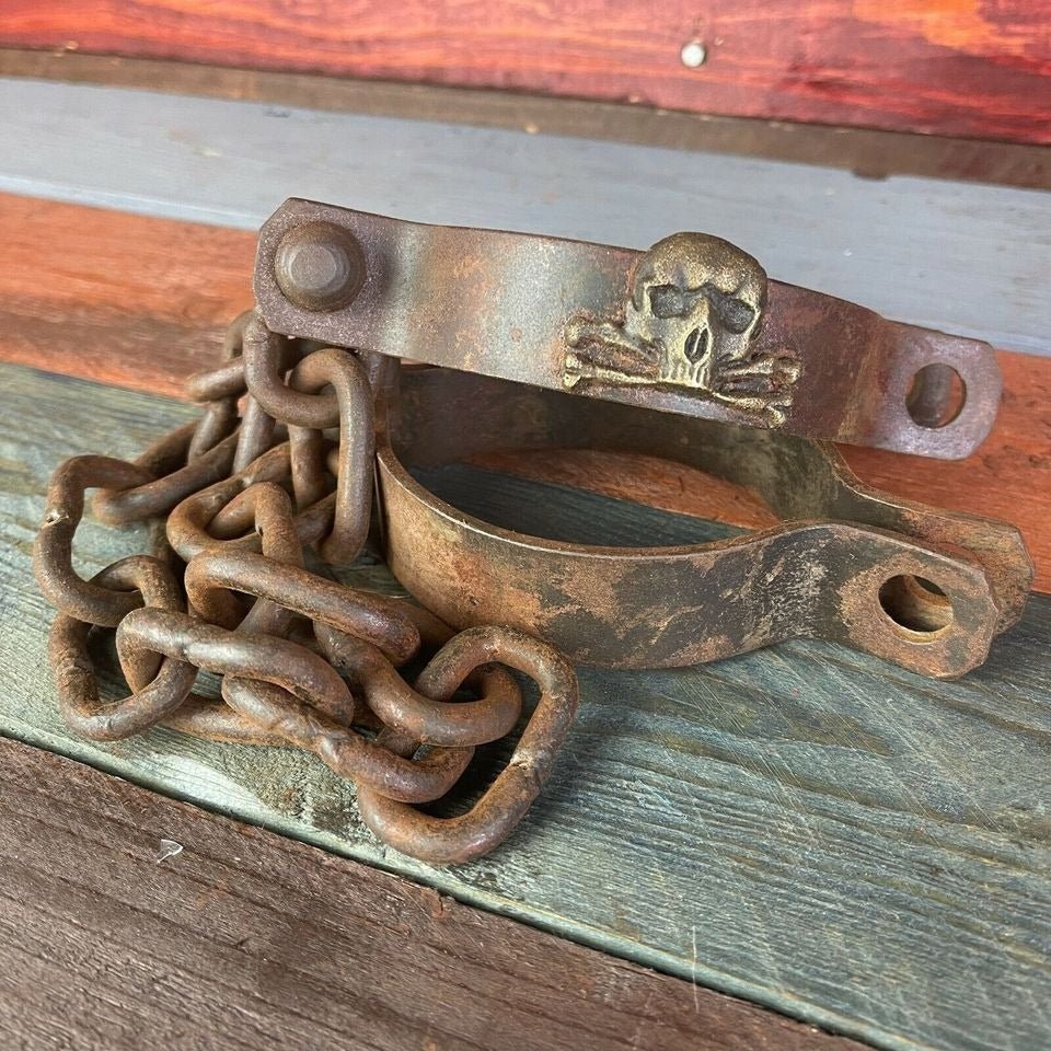 Pirate Handcuffs Cast Iron Brass Skull & Crossbones Tag With Antique Finish (27" Long) - Jones Peak