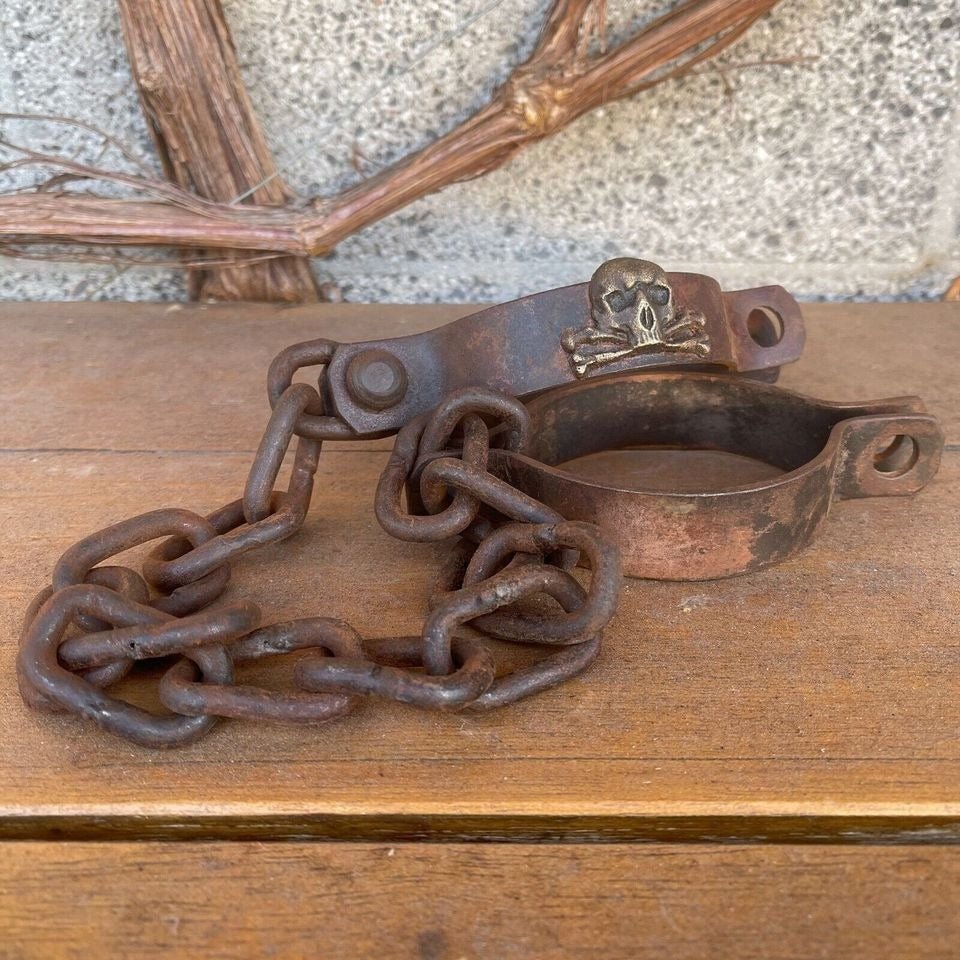 Pirate Handcuffs Cast Iron Brass Skull & Crossbones Tag With Antique Finish (27" Long) - Jones Peak