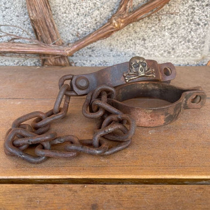 Pirate Handcuffs Cast Iron Brass Skull & Crossbones Tag With Antique Finish (27" Long) - Jones Peak