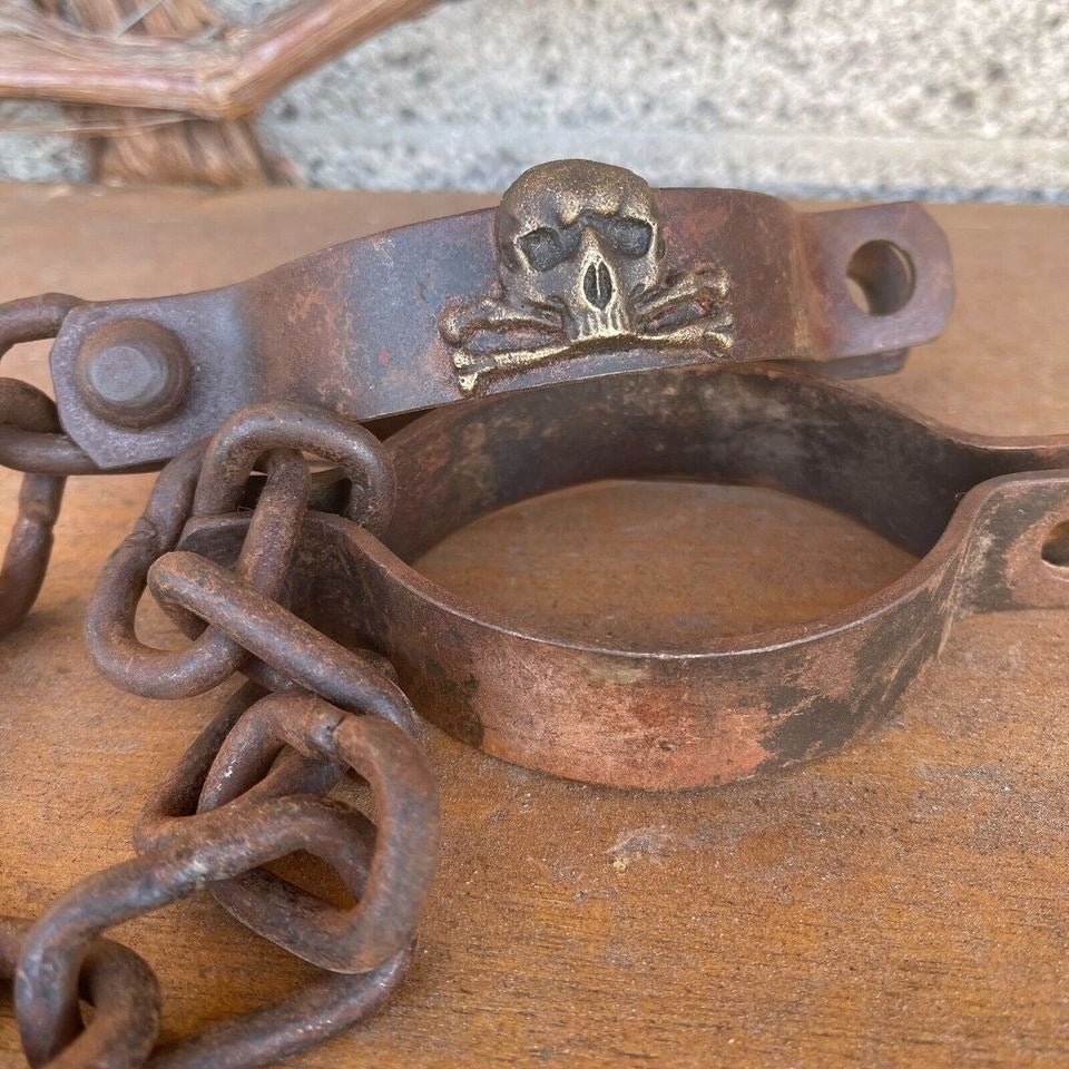 Pirate Handcuffs Cast Iron Brass Skull & Crossbones Tag With Antique Finish (27" Long) - Jones Peak