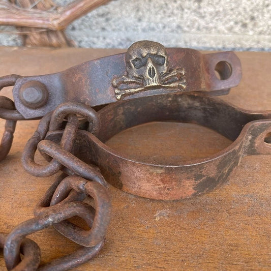 Pirate Handcuffs Cast Iron Brass Skull & Crossbones Tag With Antique Finish (27" Long) - Jones Peak