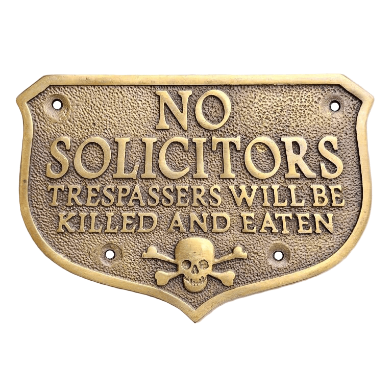 Pirate Skull No Solicitors Solid Brass Plaque With Antique Finish (5.25" x 4") - Jones Peak