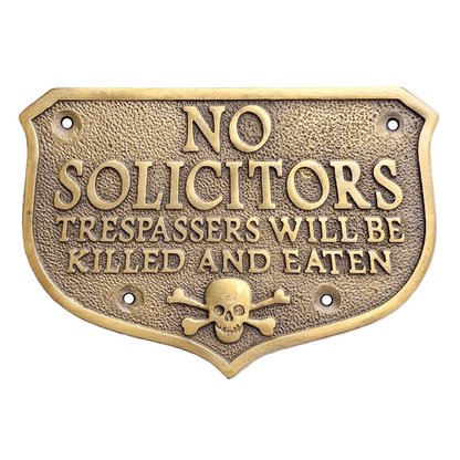 Pirate Skull No Solicitors Solid Brass Plaque With Antique Finish (5.25" x 4") - Jones Peak