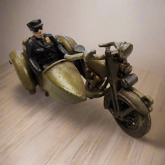 Police Motorcycle Side Car Cast Iron with Movable Wheels & Painted Antique Finish (8" x 5") - Jones Peak