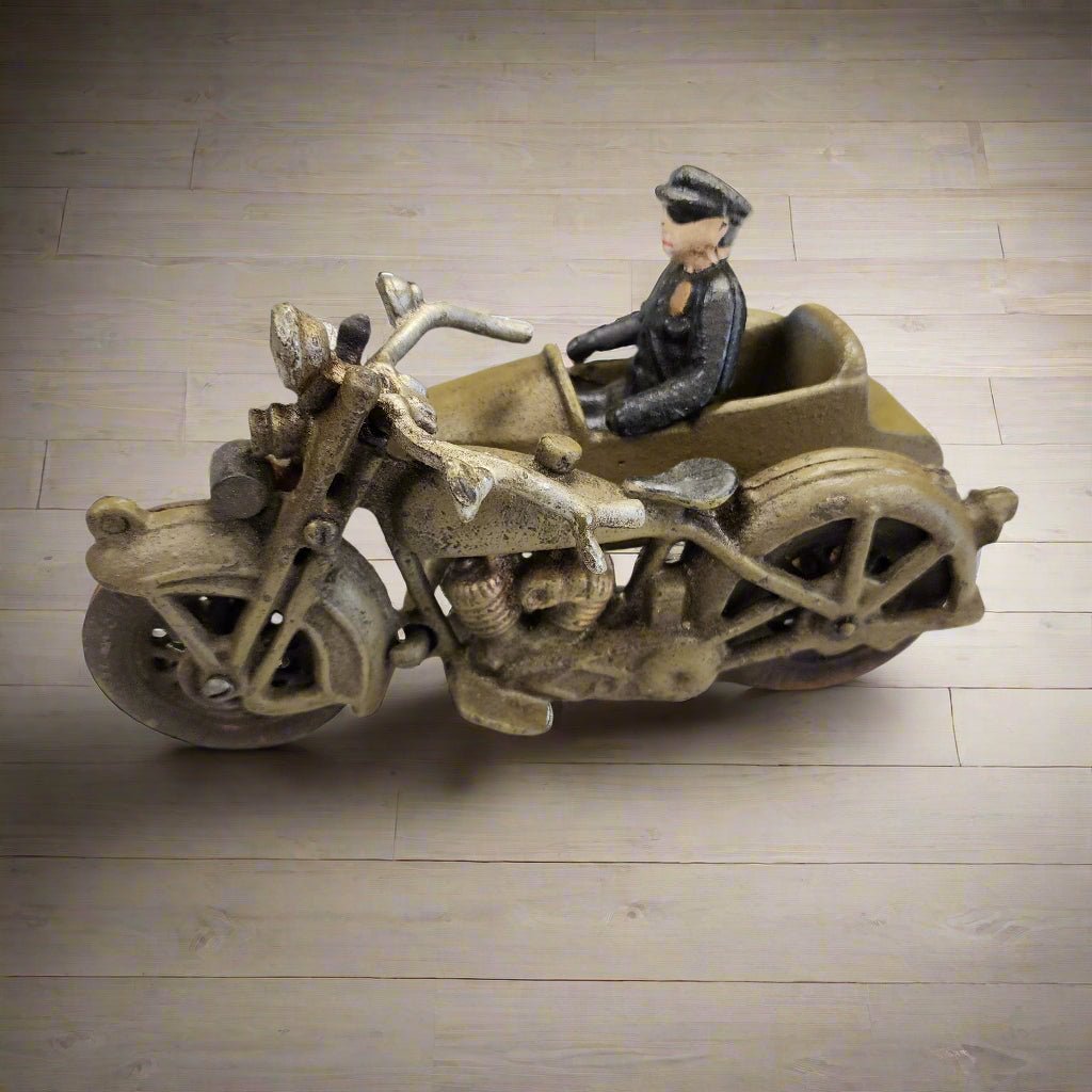 Police Motorcycle Side Car Cast Iron with Movable Wheels & Painted Antique Finish (8" x 5") - Jones Peak