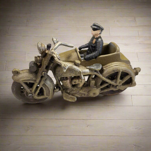 Police Motorcycle Side Car Cast Iron with Movable Wheels & Painted Antique Finish (8" x 5") - Jones Peak