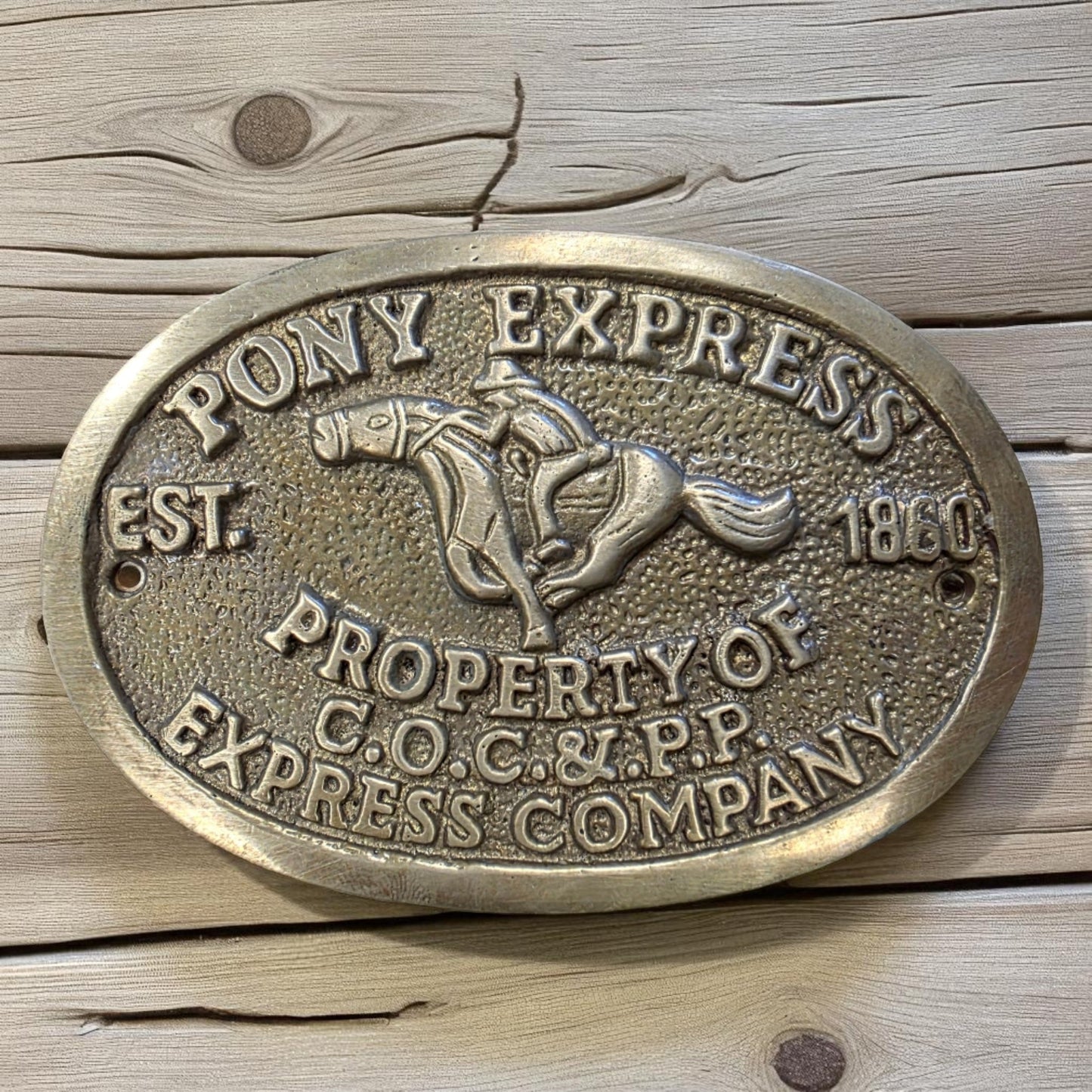 Pony Express 1860 Sold Brass Plaque With Raised Letters And Antique Finish (3.5" x 5") - Jones Peak