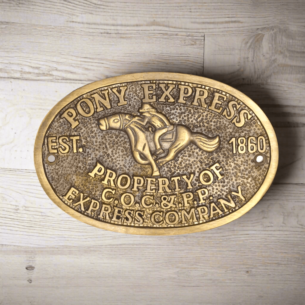 Pony Express 1860 Sold Brass Plaque With Raised Letters And Antique Finish (3.5" x 5") - Jones Peak