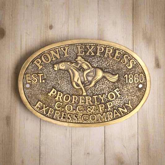Pony Express 1860 Sold Brass Plaque With Raised Letters And Antique Finish (3.5" x 5") - Jones Peak