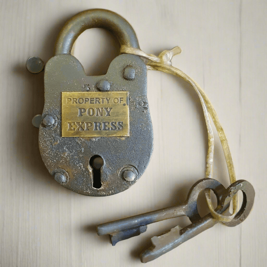 Pony Express Cast Iron Gate Lock With Brass Tag & Keys (2.5" x 1.5") - Jones Peak