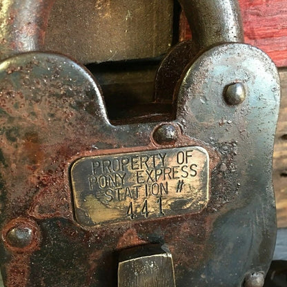 Pony Express Cast Iron Lock With Brass Tag & Antique Finish (3" x 5") - Jones Peak