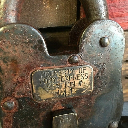 Pony Express Cast Iron Lock With Brass Tag & Antique Finish (3" x 5") - Jones Peak