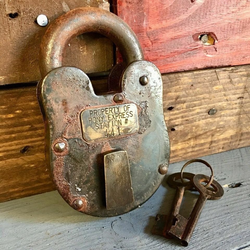 Pony Express Cast Iron Lock With Brass Tag & Antique Finish (3" x 5") - Jones Peak
