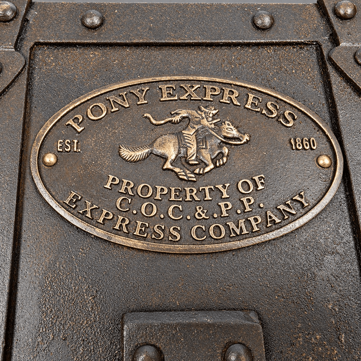 Close-up of the Pony Express strong box lid plaque and cast lettering