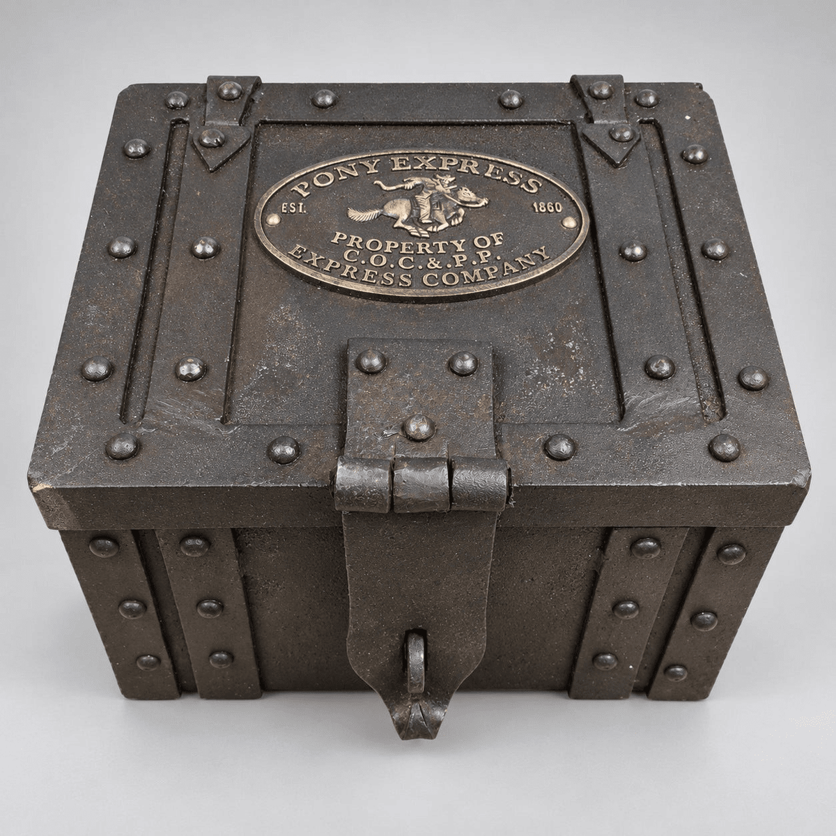 Pony Express cast iron strong box, current design, elevated top and front view