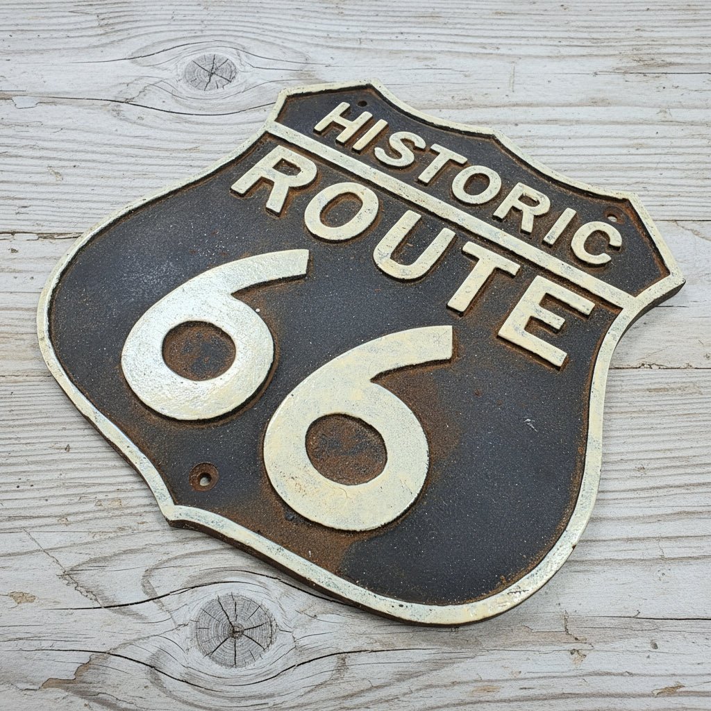 Route 66 Cast Iron Embossed Plaque With Painted Antique Finish (7.5" x 7.5") - Jones Peak