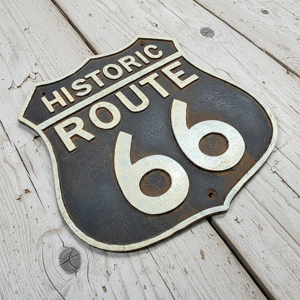 Route 66 Cast Iron Embossed Plaque With Painted Antique Finish (7.5" x 7.5") - Jones Peak
