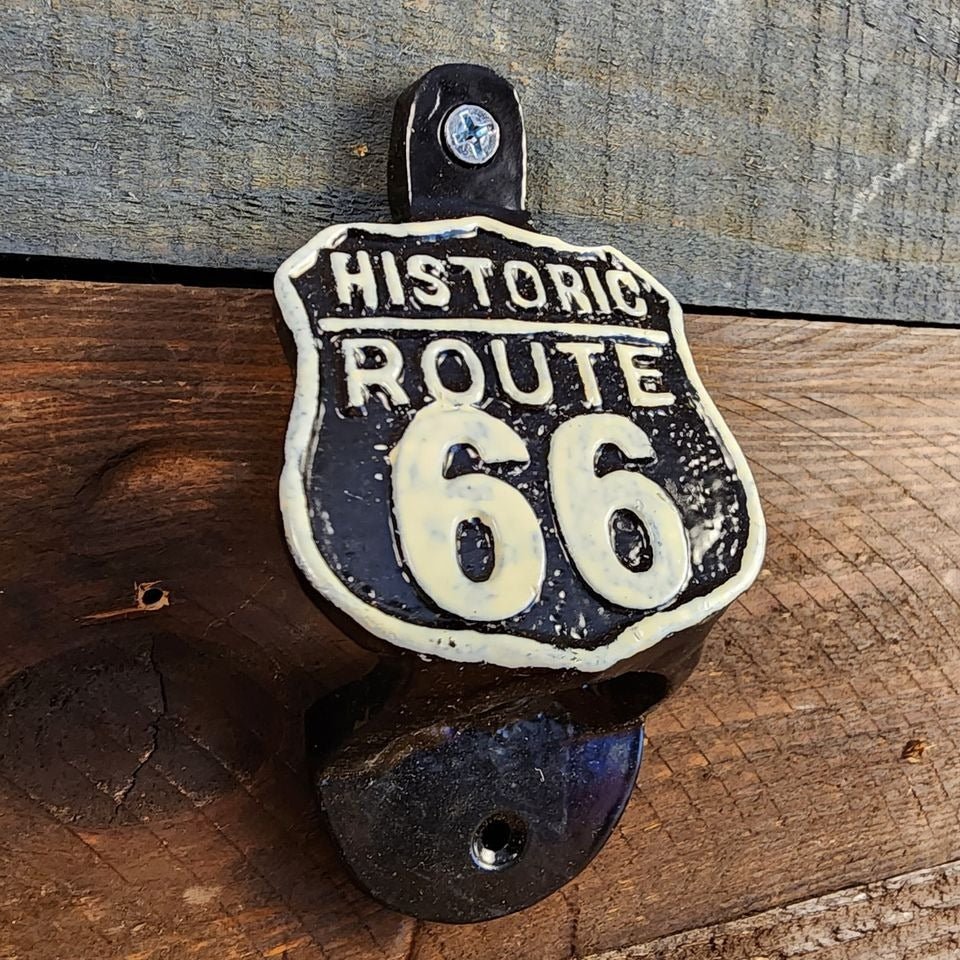 Route 66 Cast Iron Wall Mounted Bottle Opener With Raised Detail (4.5" x 2.25") - Jones Peak