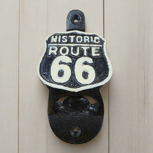Route 66 Cast Iron Wall Mounted Bottle Opener With Raised Detail (4.5" x 2.25") - Jones Peak