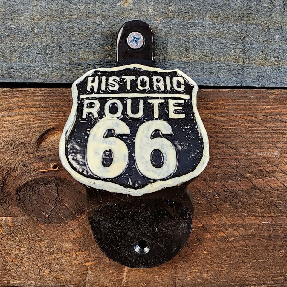 Route 66 Cast Iron Wall Mounted Bottle Opener With Raised Detail (4.5" x 2.25") - Jones Peak