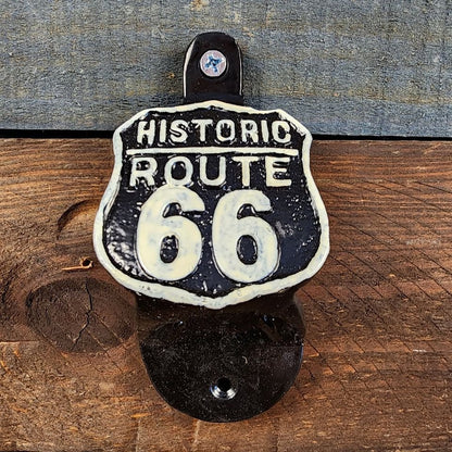 Route 66 Cast Iron Wall Mounted Bottle Opener With Raised Detail (4.5" x 2.25") - Jones Peak