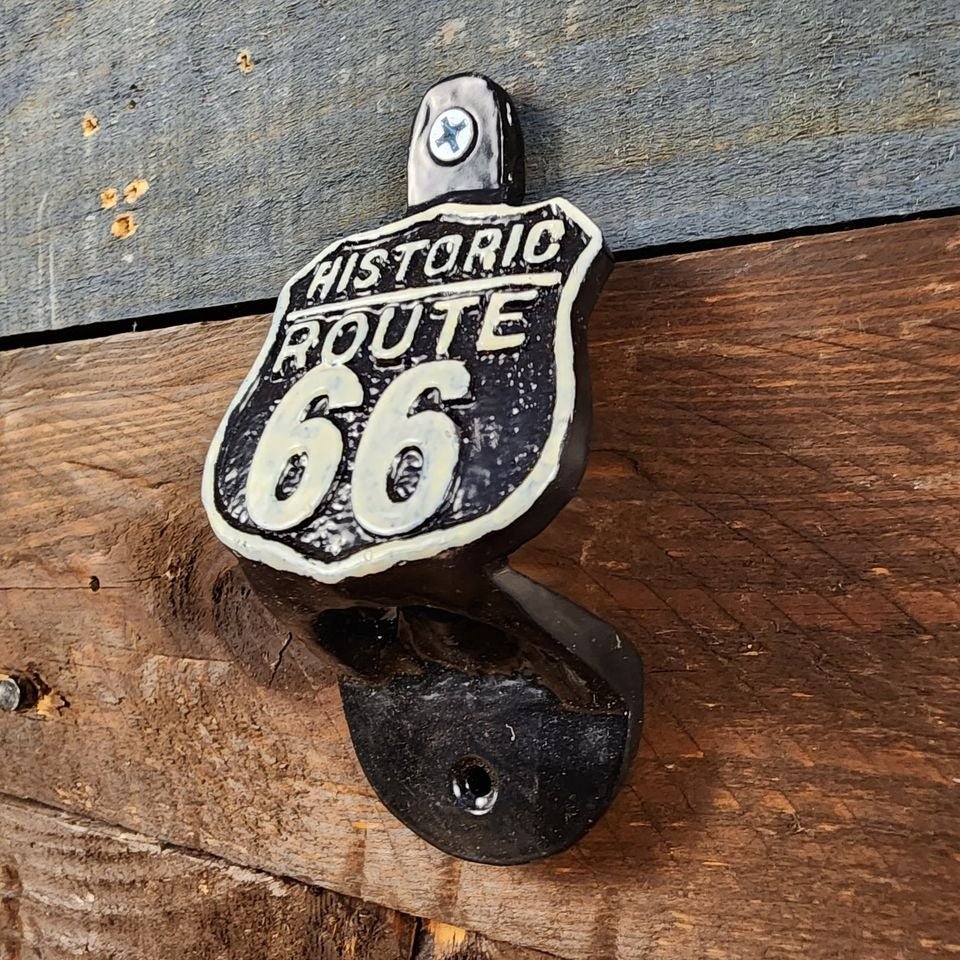 Route 66 Cast Iron Wall Mounted Bottle Opener With Raised Detail (4.5" x 2.25") - Jones Peak