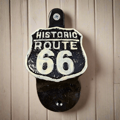 Route 66 Cast Iron Wall Mounted Bottle Opener With Raised Detail (4.5" x 2.25") - Jones Peak