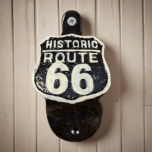 Route 66 Cast Iron Wall Mounted Bottle Opener With Raised Detail (4.5" x 2.25") - Jones Peak