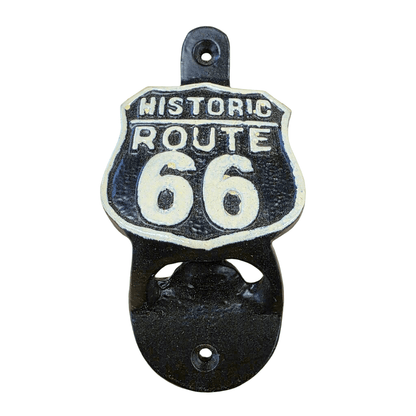 Route 66 Cast Iron Wall Mounted Bottle Opener With Raised Detail (4.5" x 2.25") - Jones Peak