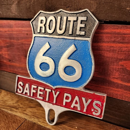 Route 66 Safety Pays License Plate FOB Topper With Raised Letters And Antique Finish (6" x 5") - Jones Peak