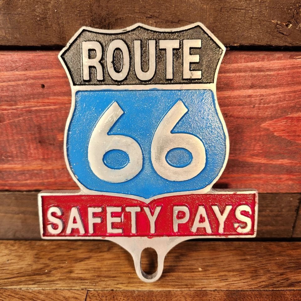 Route 66 Safety Pays License Plate FOB Topper With Raised Letters And Antique Finish (6" x 5") - Jones Peak