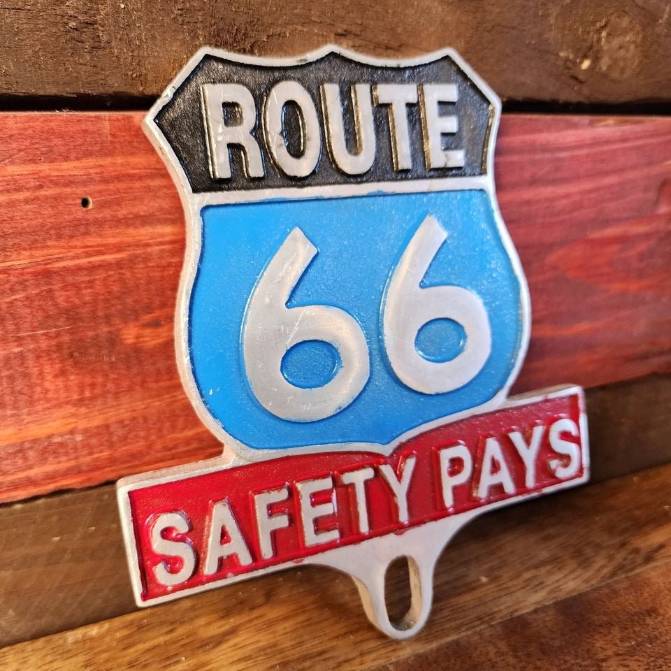 Route 66 Safety Pays License Plate FOB Topper With Raised Letters And Antique Finish (6" x 5") - Jones Peak