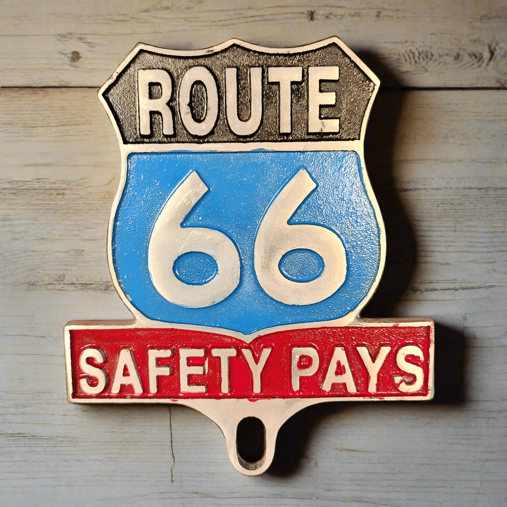 Route 66 Safety Pays License Plate FOB Topper With Raised Letters And Antique Finish (6" x 5") - Jones Peak