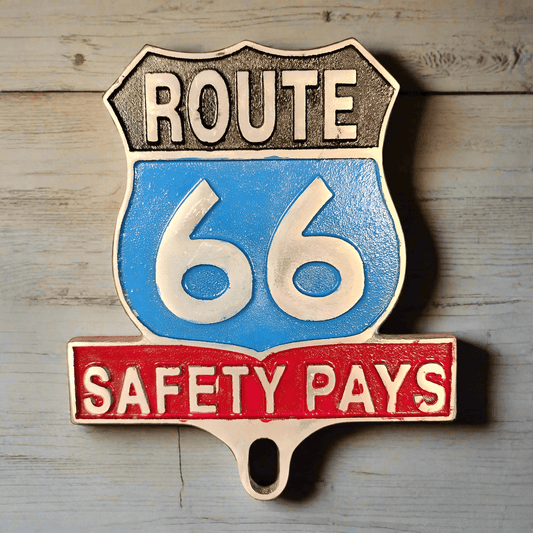 Route 66 Safety Pays License Plate FOB Topper With Raised Letters And Antique Finish (6" x 5") - Jones Peak